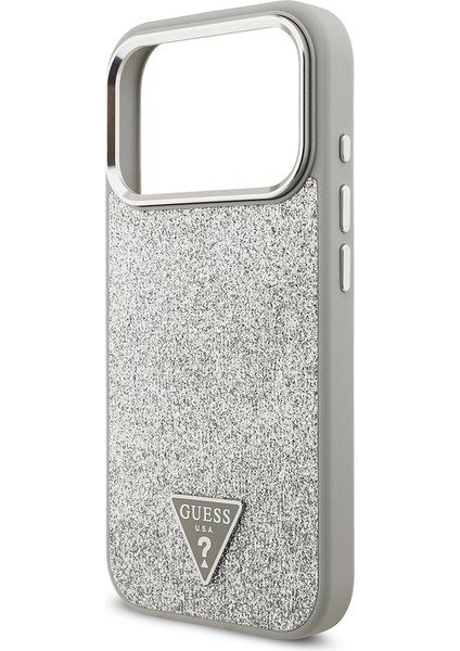 iPhone 17 Pro Uyumlu Kılıf Guess Lisanslı M-Safeli Metal Kamera Çerçeveli Üçgen Logolu Glitter Gri