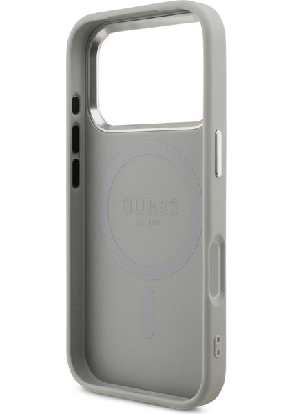 iPhone 17 Pro Uyumlu Kılıf Guess Lisanslı M-Safeli Metal Kamera Çerçeveli Üçgen Logolu Glitter Gri