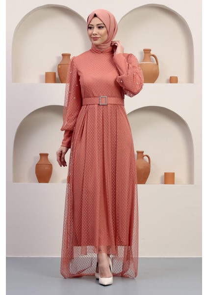 Kemeri Taşlı Tül Abiye Somon 12242