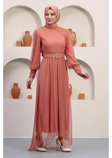 Kemeri Taşlı Tül Abiye Somon 12242 modelleri