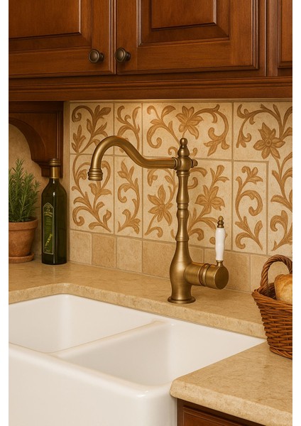 Rustik Antik Eskitme Gold Mutfak Evye Bataryası Otantik Osmanlı Prinç Gövde Vintage Tasarım Altın