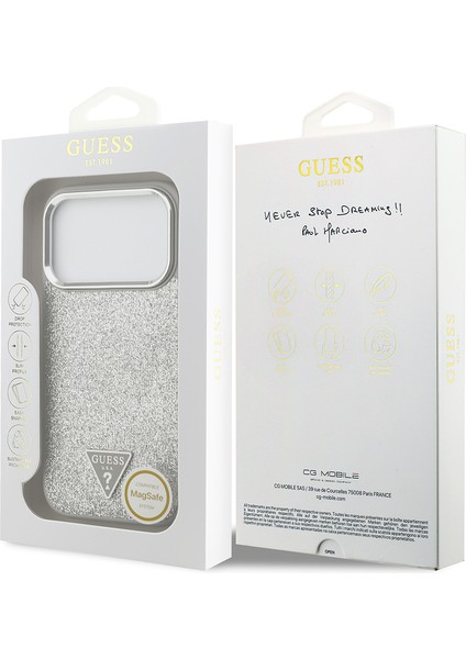 iPhone 17 Pro Uyumlu Kılıf Guess Lisanslı M-Safeli Metal Kamera Çerçeveli Üçgen Logolu Glitter Gri