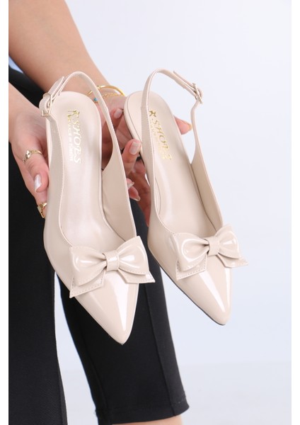 Sivri Burun Bordo Bej Topuklu Ayakkabı - Parlak Fiyonk Detaylı