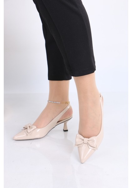 Sivri Burun Bordo Bej Topuklu Ayakkabı - Parlak Fiyonk Detaylı fiyatları