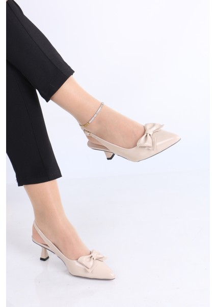 Sivri Burun Bordo Bej Topuklu Ayakkabı - Parlak Fiyonk Detaylı modelleri