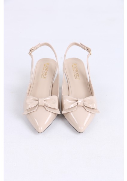 Sivri Burun Bordo Bej Topuklu Ayakkabı - Parlak Fiyonk Detaylı fırsatları