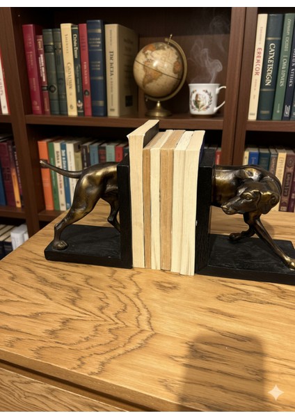 Av Köpeği Temalı Bronz Efektli Dekoratif Kitap Tutucu Seti