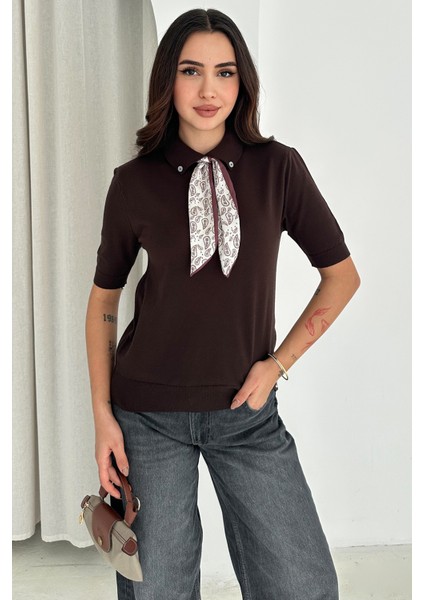 Kadın Polo Yaka Düğmeli Fular Detay Triko Kazak – Retro Accent