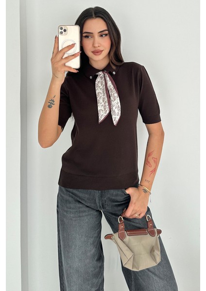 Kadın Polo Yaka Düğmeli Fular Detay Triko Kazak – Retro Accent fiyatları