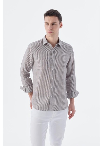 Kahve Comfort Fit Çizgilli %100 Keten Gömlek