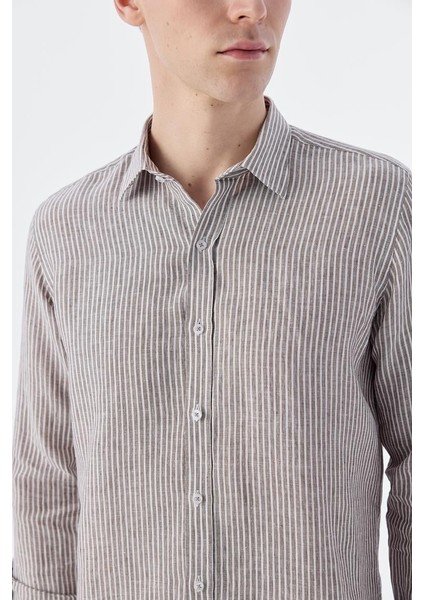 Kahve Comfort Fit Çizgilli %100 Keten Gömlek modelleri