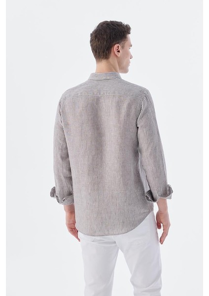 Kahve Comfort Fit Çizgilli %100 Keten Gömlek fırsatları