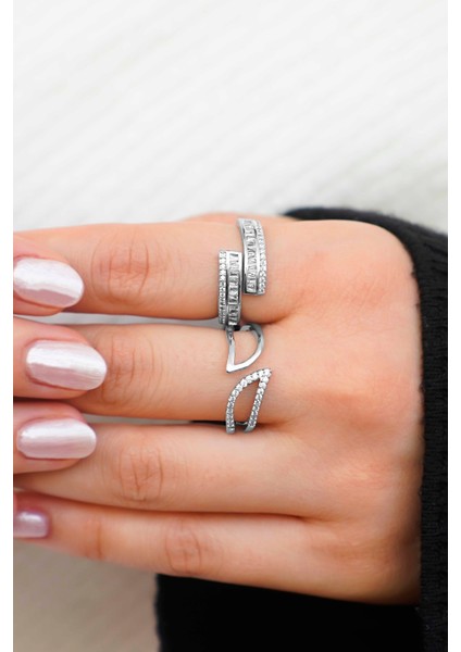 Işıltılı Parlak Taşlı Gümüş 2'li Vip Kadın Yüzük Seti