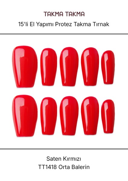 15'li Kırmızı Orta Balerin TT1418 Tekrar Kullanılabilir El Yapımı Protez Takma Tırnak - Kırmızı-L
