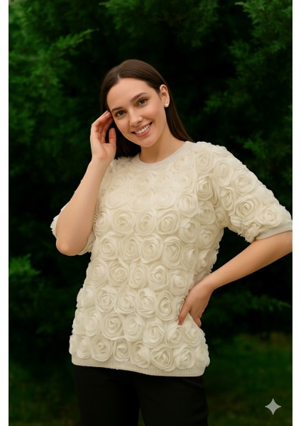 Kadın Tül Kabartma Gül Desenli Krem Kazak|Kısa Kollu-Standart(40 Bedene Kadar Uyumlu) fiyatları