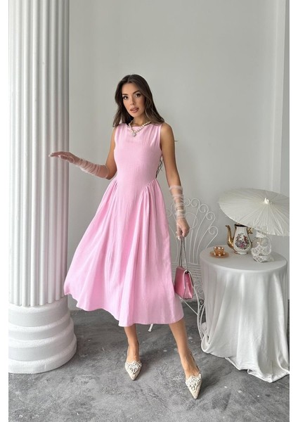 Pembe Yanları Büzgülü Midi Boy Keten Elbise fiyatları