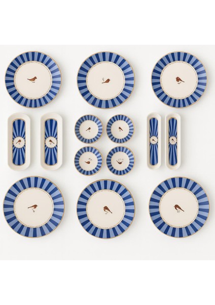 Seramık 6 Kısılık Mavi Kuş Lu 14 Parca Seramık Kahvaltı Takımı