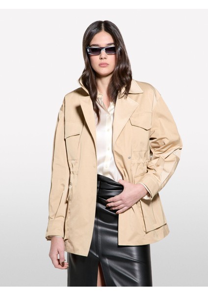 Kruvaze Beli Lastikli Balon Kol Ceket Kadın Kum Rengi Ceket - 325P22KVLN05I