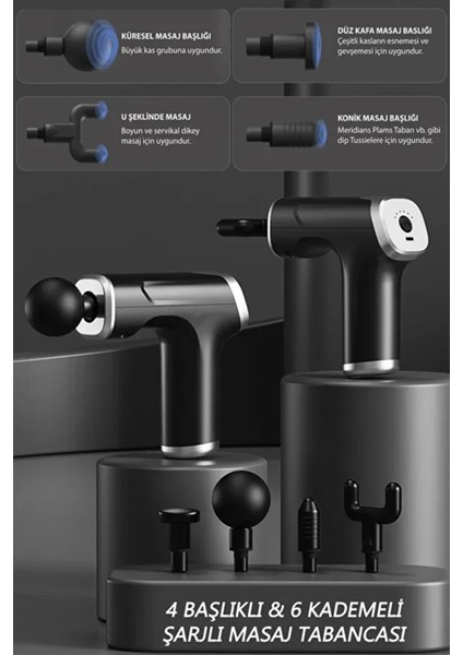 Profesyonel Şarjlı Masaj Tabancası 4 Başlıklı ve 6 Kademeli