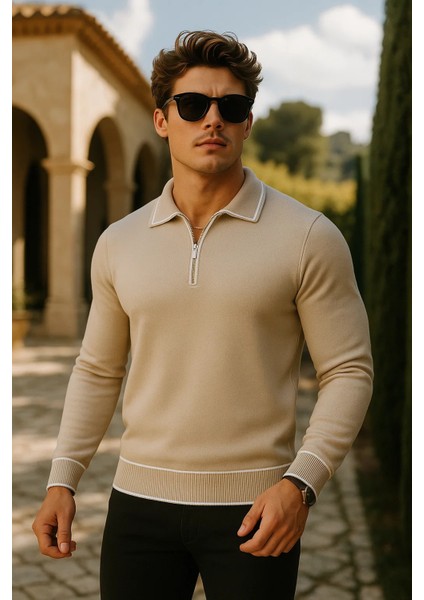 Erkek Günlük Fermuarlı Bej Uzun Kollu Polo Yaka Triko