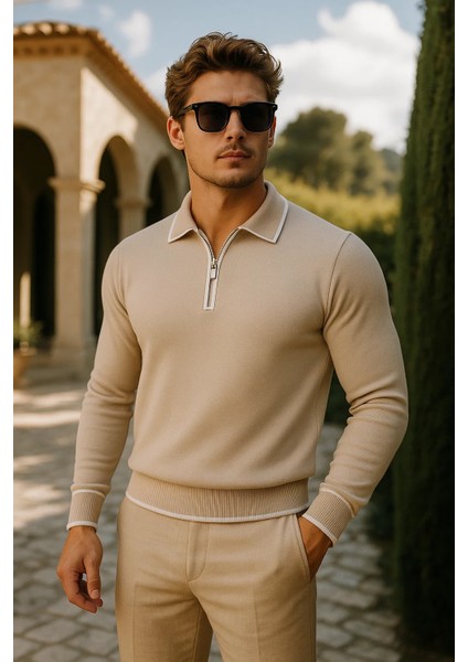 Erkek Günlük Fermuarlı Bej Uzun Kollu Polo Yaka Triko fiyatları