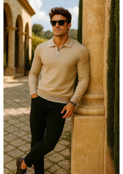 Erkek Günlük Fermuarlı Bej Uzun Kollu Polo Yaka Triko modelleri