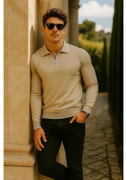 Erkek Günlük Fermuarlı Bej Uzun Kollu Polo Yaka Triko fırsatları