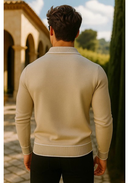 Erkek Günlük Fermuarlı Bej Uzun Kollu Polo Yaka Triko indirimleri