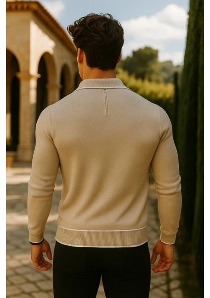 Erkek Günlük Fermuarlı Bej Uzun Kollu Polo Yaka Triko