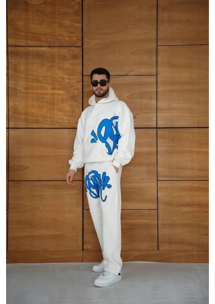 Erkek Kapüşonlu Eşofman Takım Graffiti Baskılı Oversize Rahat Kalıp, Kanguru Cepli, Streetwear Tarzında Premium Ürün 3 Iplik Pamuklu - Beyaz