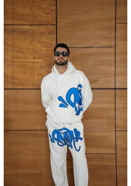 Erkek Kapüşonlu Eşofman Takım Graffiti Baskılı Oversize Rahat Kalıp, Kanguru Cepli, Streetwear Tarzında Premium Ürün 3 Iplik Pamuklu - Beyaz