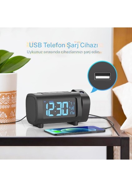 Dijital Radyo Projeksiyonlu Çalar Saat Sıcaklık Monitörü 4 Kademeli Kısma 12/24 Saat Masa Sessiz Çalar Saat modelleri