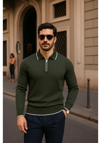 Erkek Fermuarlı Haki Uzun Kollu Polo Yaka Triko Kazak