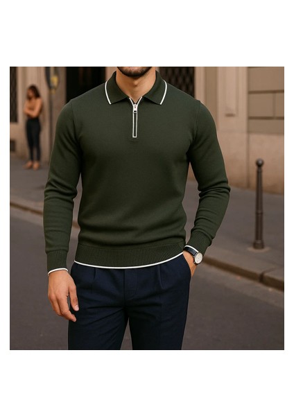 Erkek Fermuarlı Haki Uzun Kollu Polo Yaka Triko Kazak fırsatları