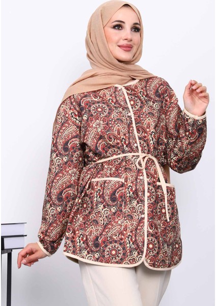 Krem Etnik Desenli Cepli Ceket