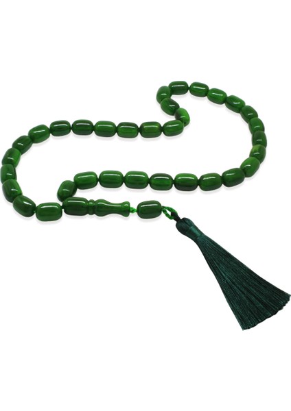 Osmanlı Saray Püsküllü Çubuk Sıkma Kehribar Tesbih Maxi Boy Hareli Yeşil Kapsül Kesim