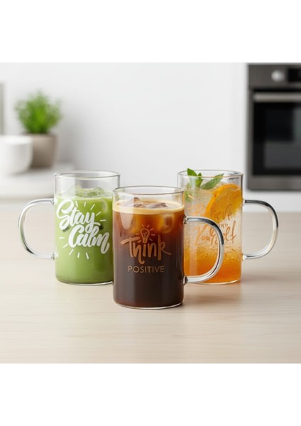 200 ml 3'lü Kulplu Desenli Borosilikat Cam Bardak Seti-Motivasyon Baskılı 200 ml