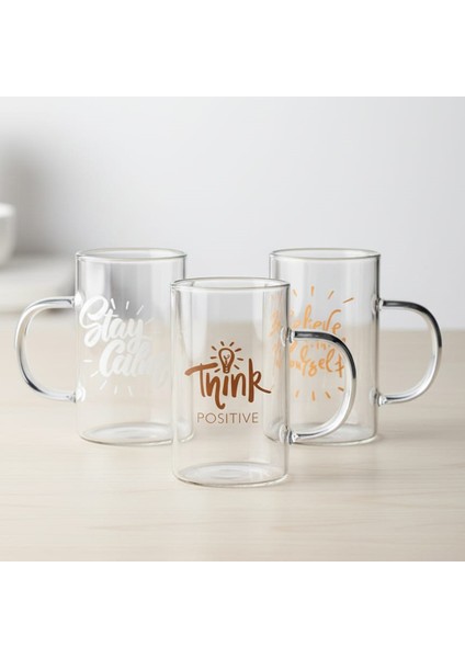200 ml 3'lü Kulplu Desenli Borosilikat Cam Bardak Seti-Motivasyon Baskılı 200 ml fiyatları