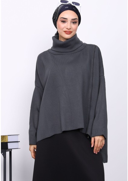 Füme Balıkçı Yaka Fermuarlı Triko Kazak