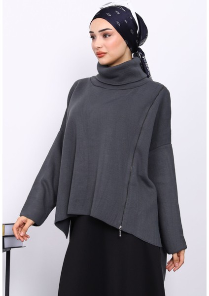 Füme Balıkçı Yaka Fermuarlı Triko Kazak modelleri