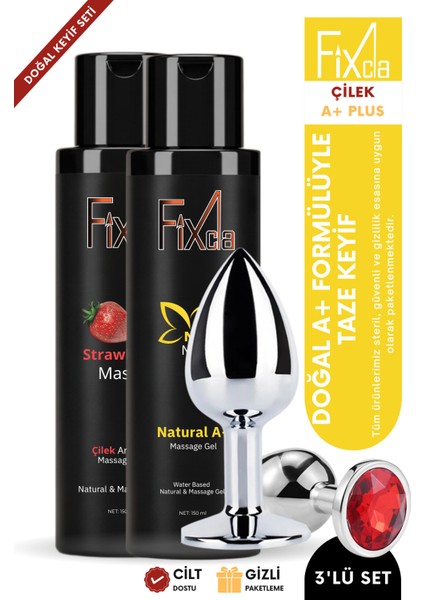 Su Bazlı Kayganlaştırıcı Jel Seti 150 ml Natural A+ + 150 ml Çilek + Kırmızı Taşlı Metal Plug (3’lü)