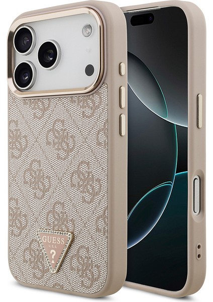 iPhone 17 Pro Kılıf Guess Lisanslı M-Safeli Gold Kamera Çerçeveli Taşlı Üçgen Logo 4g Desenli Pembe