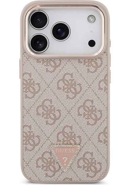 iPhone 17 Pro Kılıf Guess Lisanslı M-Safeli Gold Kamera Çerçeveli Taşlı Üçgen Logo 4g Desenli Pembe modelleri