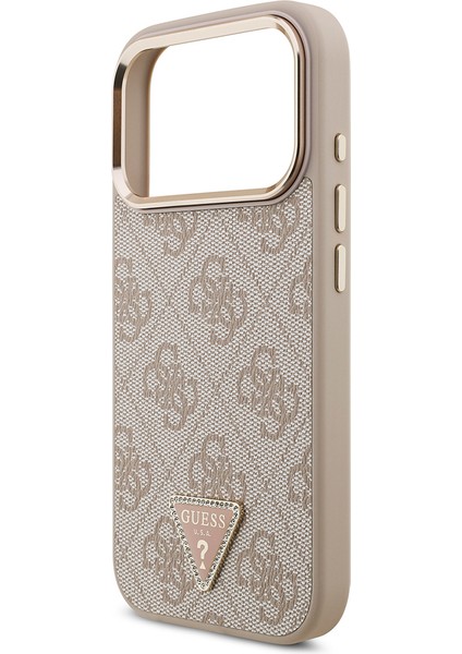iPhone 17 Pro Kılıf Guess Lisanslı M-Safeli Gold Kamera Çerçeveli Taşlı Üçgen Logo 4g Desenli Pembe
