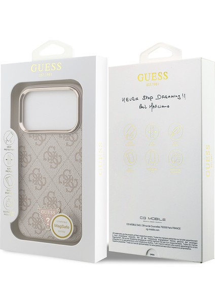 iPhone 17 Pro Kılıf Guess Lisanslı M-Safeli Gold Kamera Çerçeveli Taşlı Üçgen Logo 4g Desenli Pembe