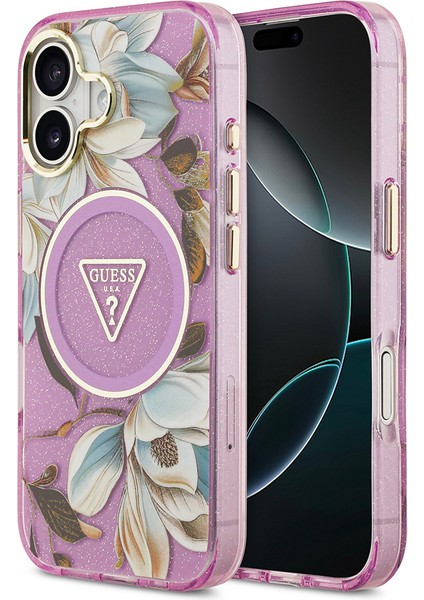 iPhone 17 Kılıf Guess Lisanslı M-Safeli Simli Çiçek Desenli Metal Kamera Çerçeveli Üçgen Logolu Mor