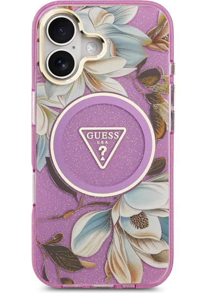 iPhone 17 Kılıf Guess Lisanslı M-Safeli Simli Çiçek Desenli Metal Kamera Çerçeveli Üçgen Logolu Mor modelleri