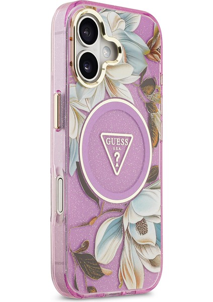 iPhone 17 Kılıf Guess Lisanslı M-Safeli Simli Çiçek Desenli Metal Kamera Çerçeveli Üçgen Logolu Mor fırsatları