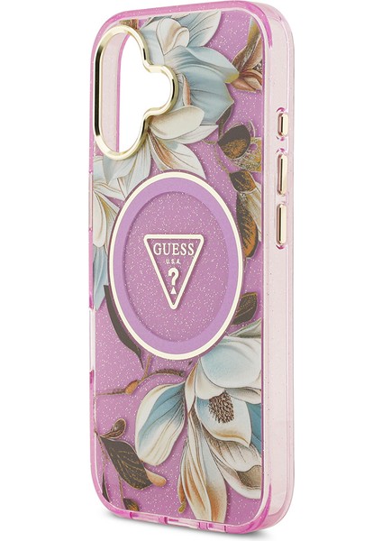 iPhone 17 Kılıf Guess Lisanslı M-Safeli Simli Çiçek Desenli Metal Kamera Çerçeveli Üçgen Logolu Mor