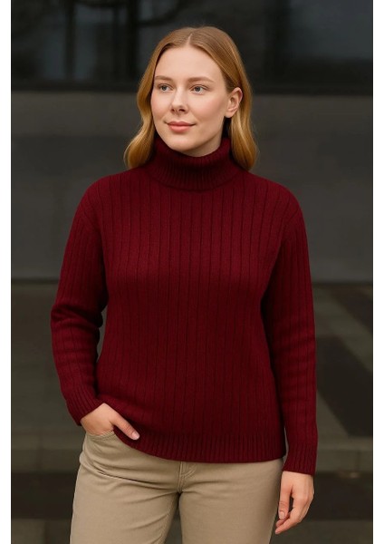 Kadın Balıkcı Yaka Bağazlı Triko Kazak Pamuklu Kalın Fitilli Dokuma - Bordo